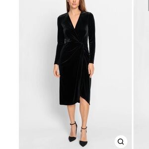 OLSEN BLACK FAUX WRAP VELVET DRESS. Stretch, V Neck, Midi Length, Long Sleeve